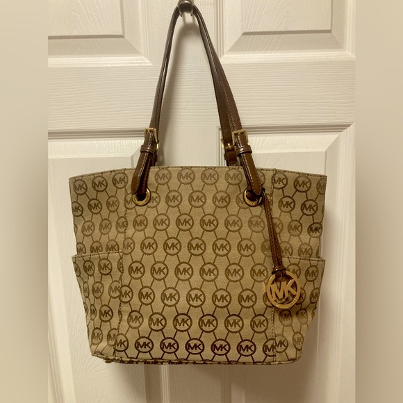 Michael Kors Tan and Brown MK Logo Shoulder Tote with Brown Leather Strap - Picture 1 of 10